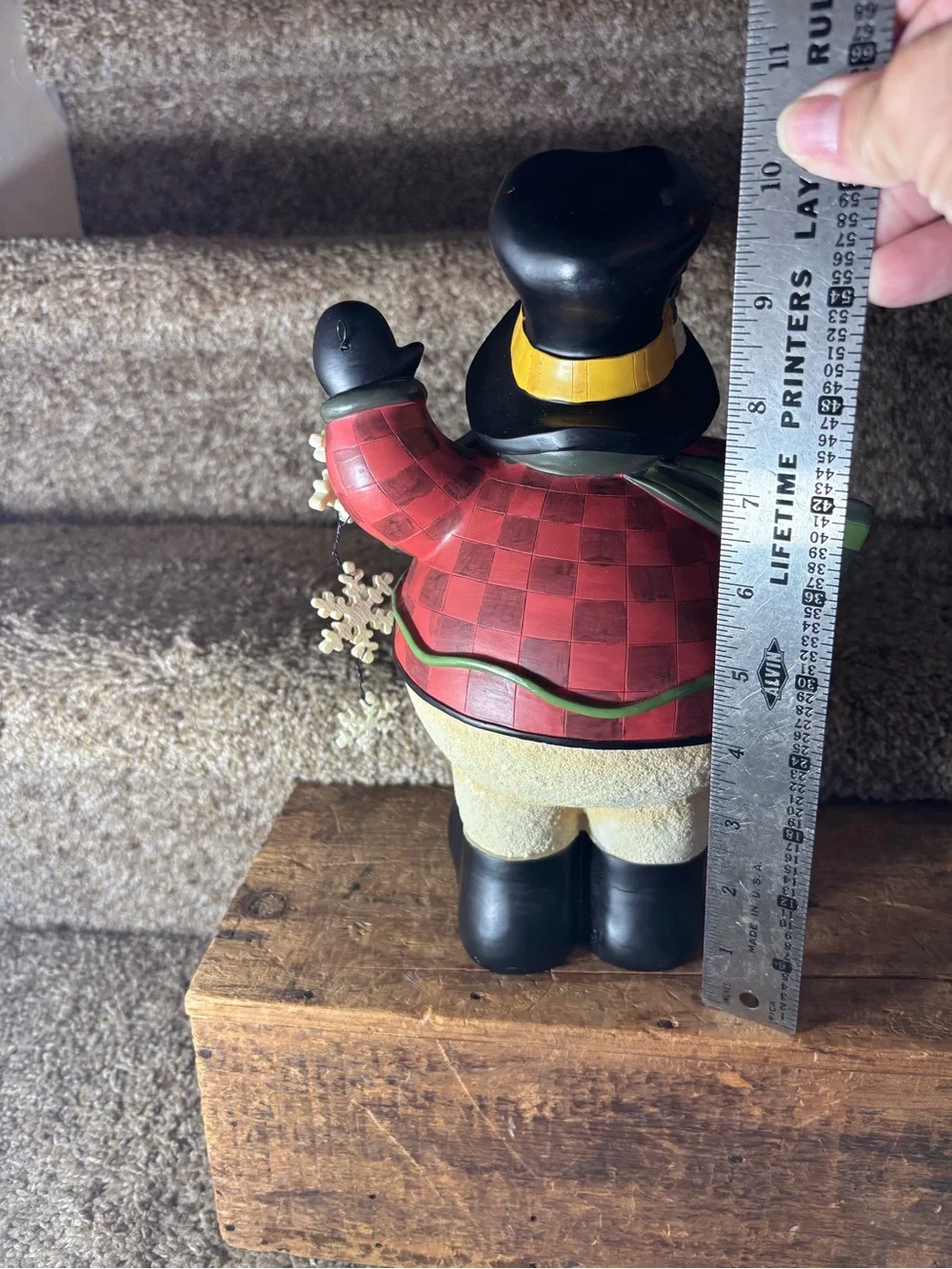Festive Red Plaid Snowman Holiday Figurine with Green Scarf